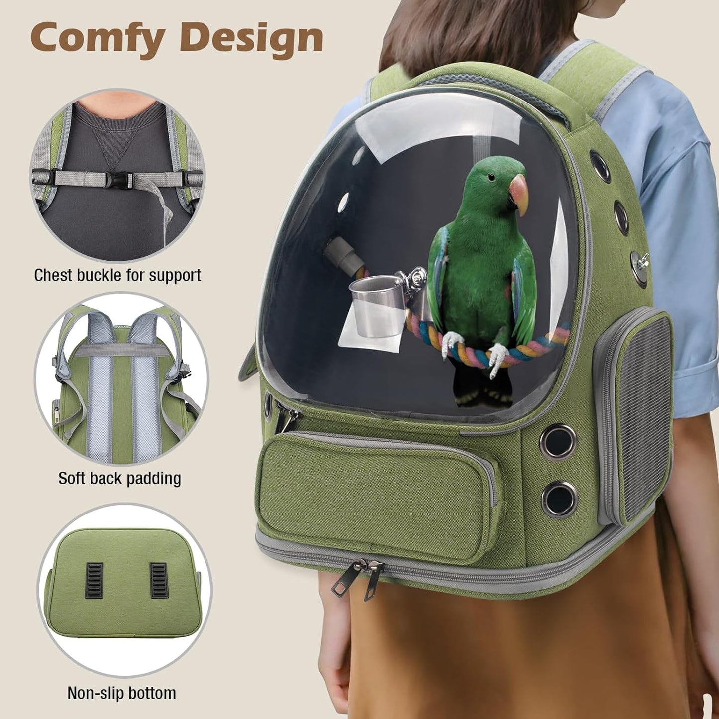 Bird Backpack Carrier – Travel Cage with Perch & Tray – Green