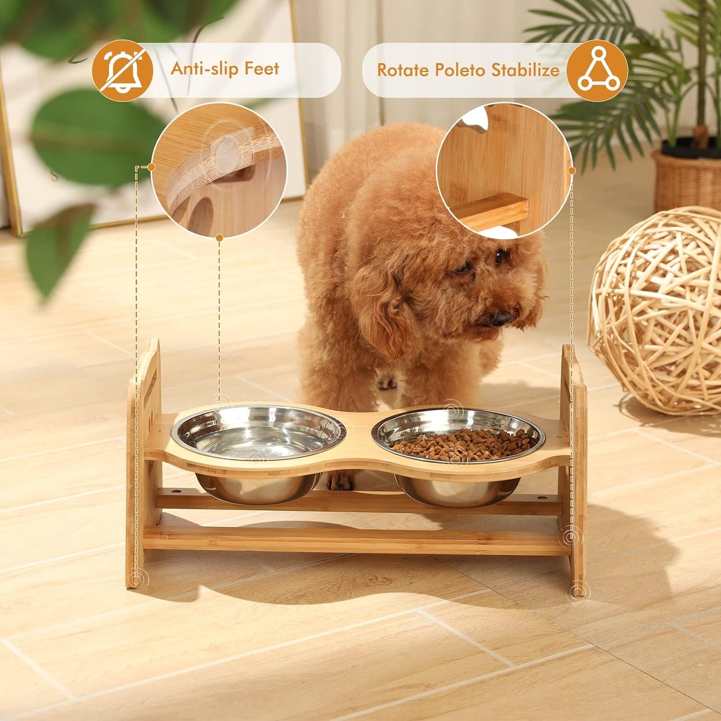 Adjustable Bamboo Elevated Pet Bowls – Raised Dog & Cat Feeder with 2 Stainless Steel Bowls