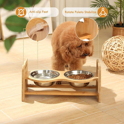 Adjustable Bamboo Elevated Pet Bowls – Raised Dog & Cat Feeder with 2 Stainless Steel Bowls
