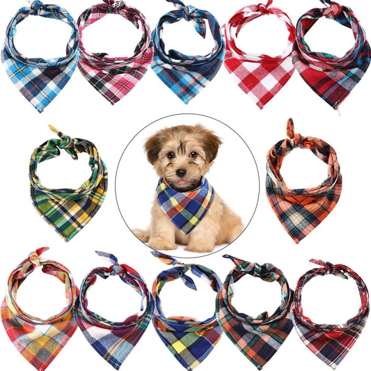 12-Pack Plaid Dog Bandanas – Adjustable Triangle Scarves for Small & Medium Pets
