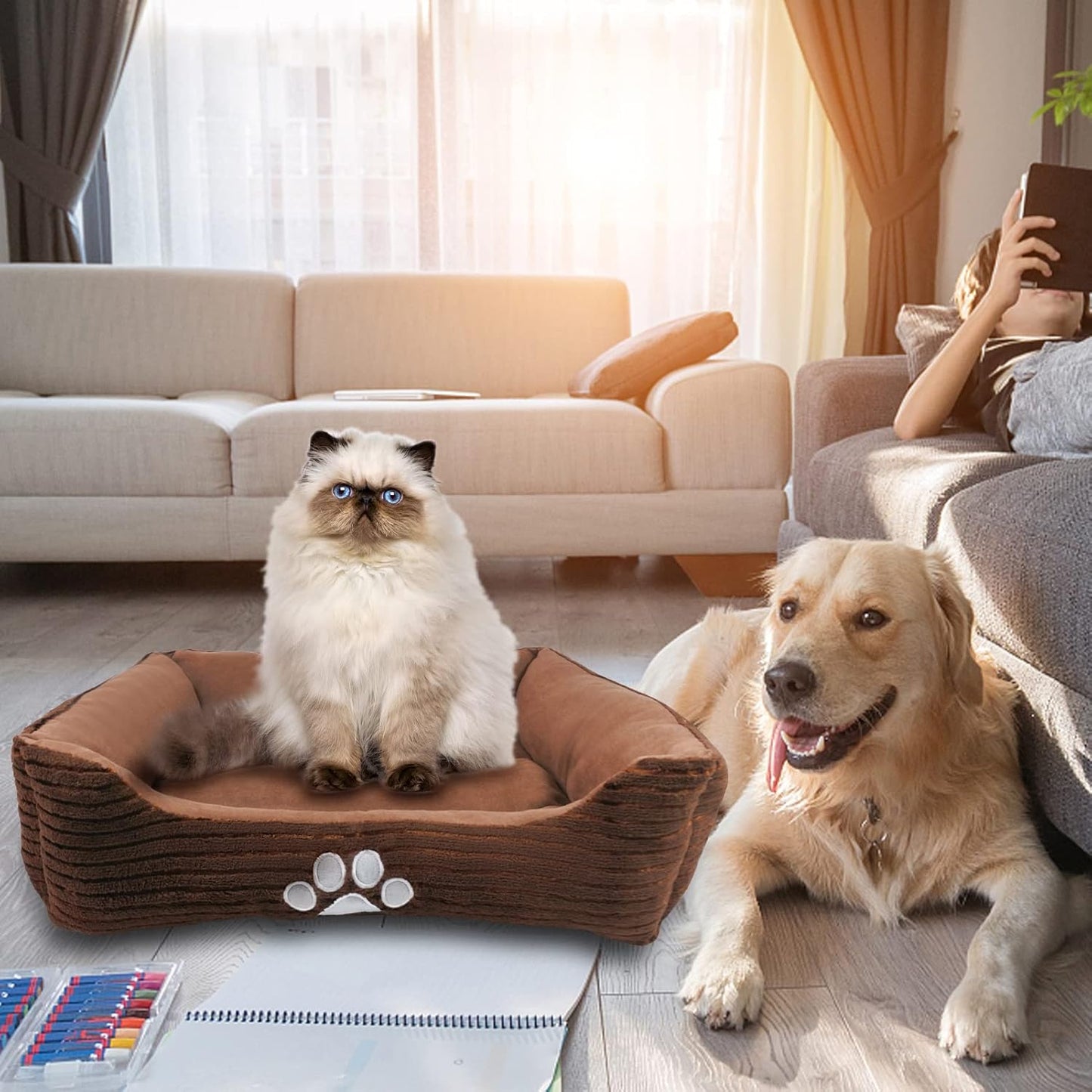 Reversible Rectangle Pet Bed – 25” x 21” Coffee Dog and Cat Bed with Paw Print