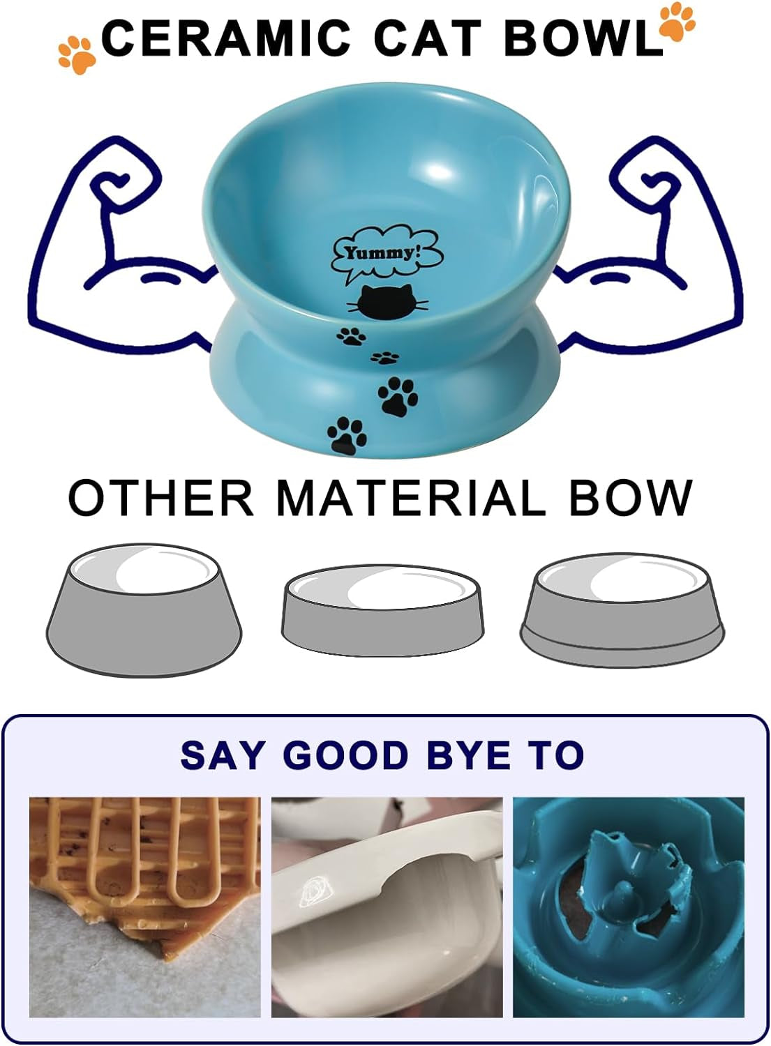 Elevated Ceramic Cat Bowl – Tilted Anti-Vomiting Raised Dish in Lake Blue