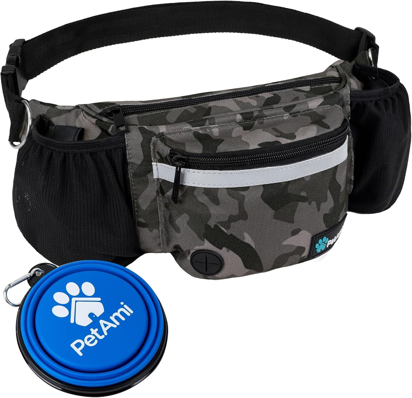 Dog Walking Fanny Pack – Treat Pouch with Poop Bag Dispenser, Water Bottle Holder, and Collapsible Bowl