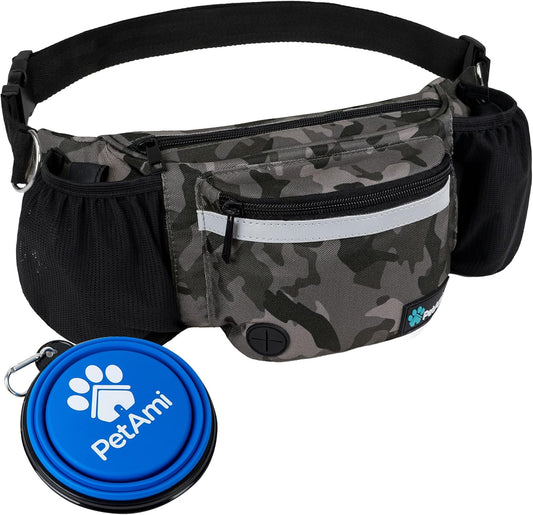 Dog Walking Fanny Pack – Treat Pouch with Poop Bag Dispenser, Water Bottle Holder, and Collapsible Bowl