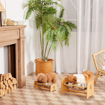 Adjustable Bamboo Elevated Pet Bowls – Raised Dog & Cat Feeder with 2 Stainless Steel Bowls