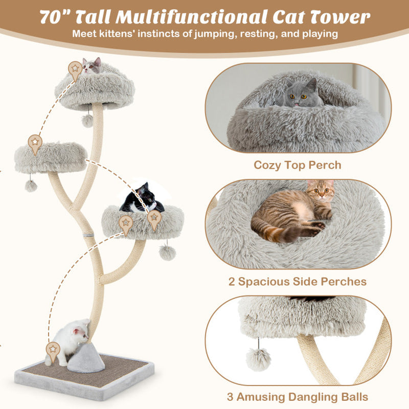 70” Metal Cat Tree Tower with Plush Perches