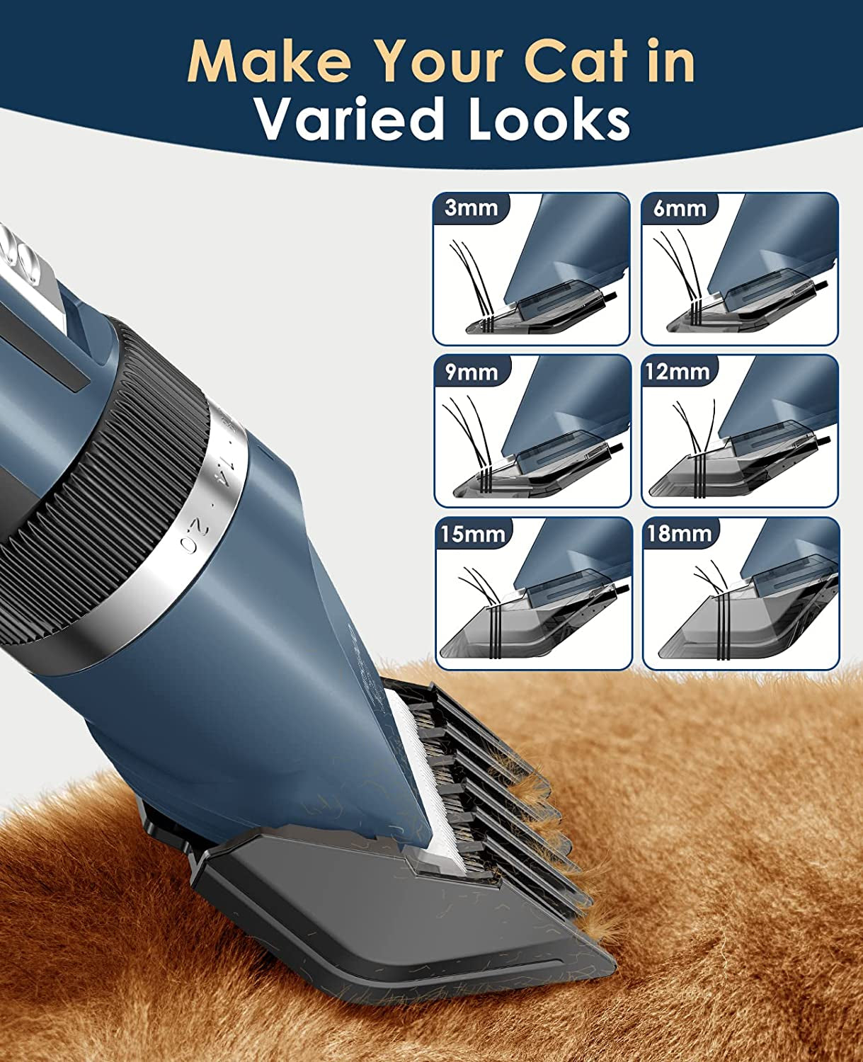 Quiet Cat Clippers for Matted & Long Hair, 2-Speed Cordless Pet Shaver Grooming Kit for Cats, Small Dogs & Animals (Blue)