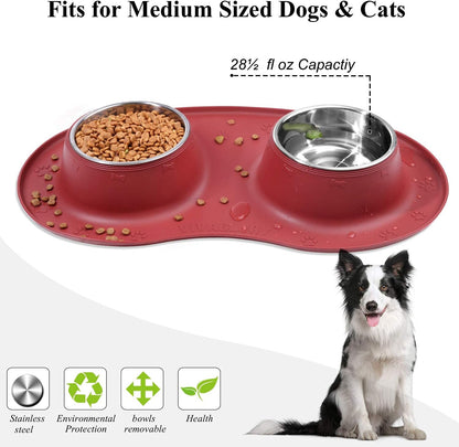 VIVAGLORY Double Dog Bowls with Non-Skid Silicone Mat – Burgundy