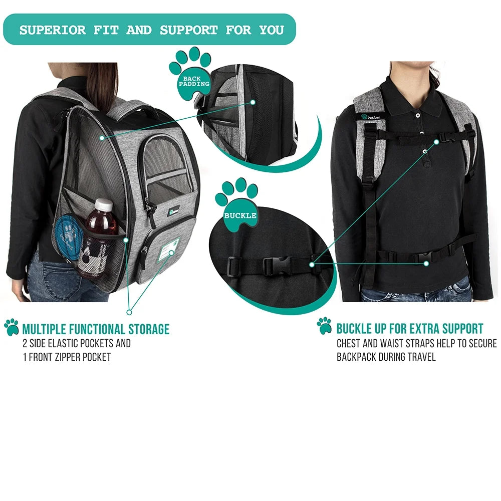 Pet Backpack Carrier for Cats & Small Dogs – Ventilated Airline-Friendly Travel Bag with Safety Support – Grey