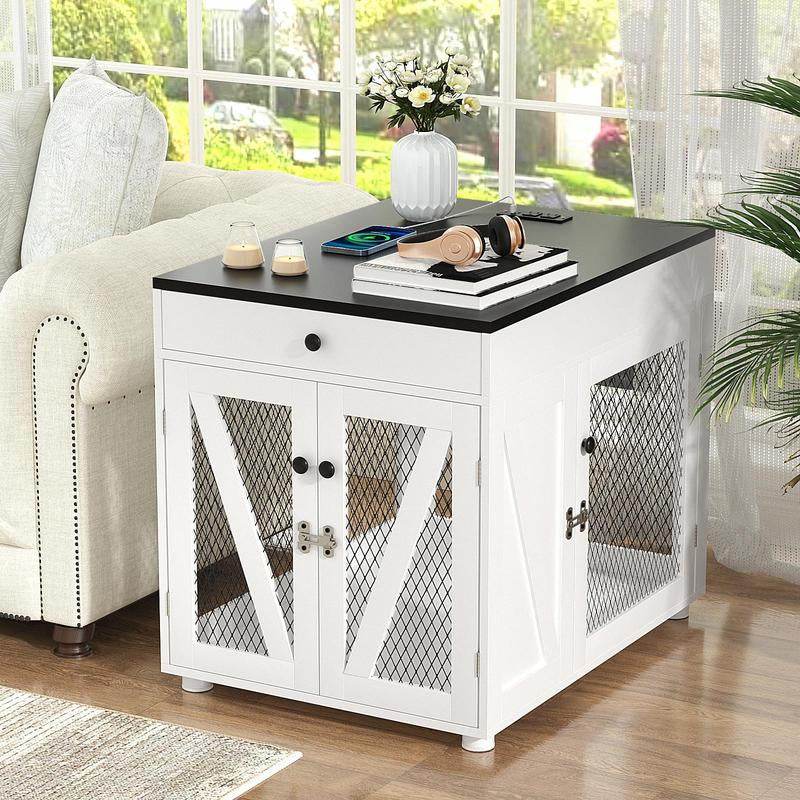 Dog Crate End Table with Drawer & USB